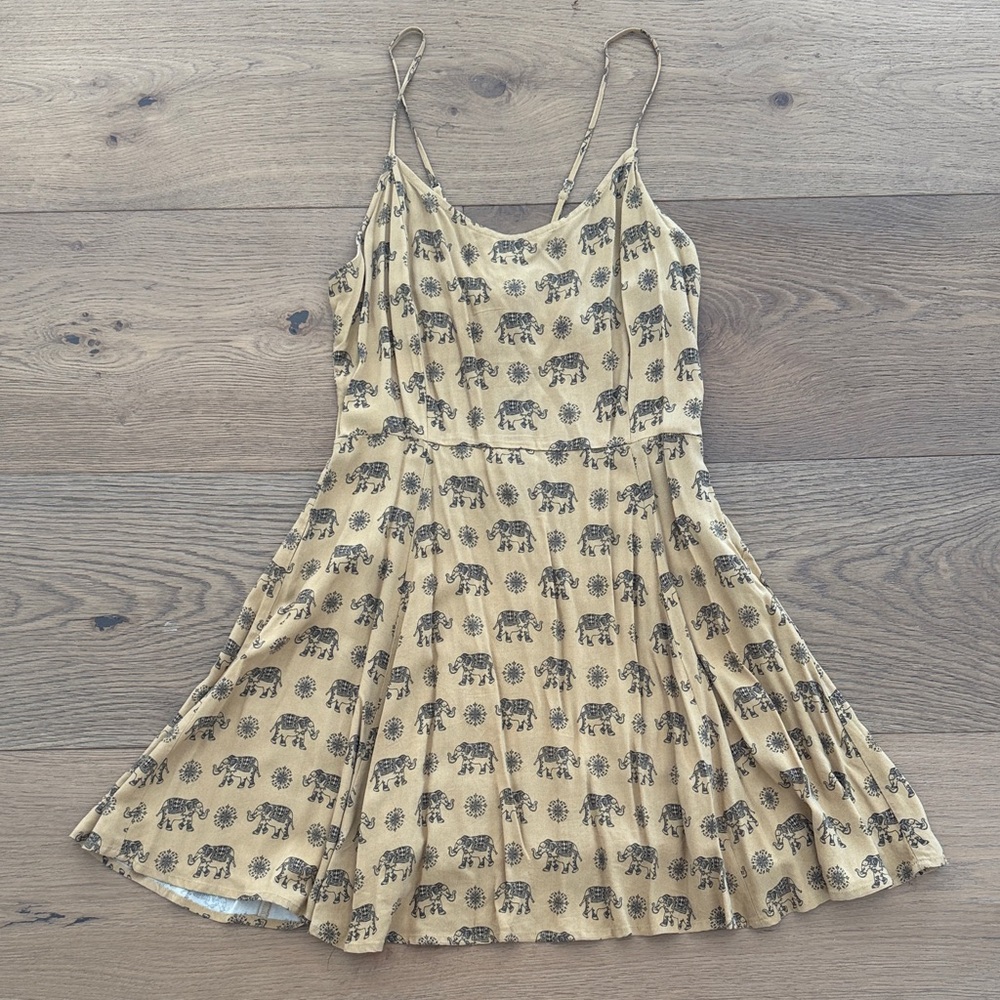 Forever 21 Mustard Yellow Elephant Print Mini Dress M Lace Up Back